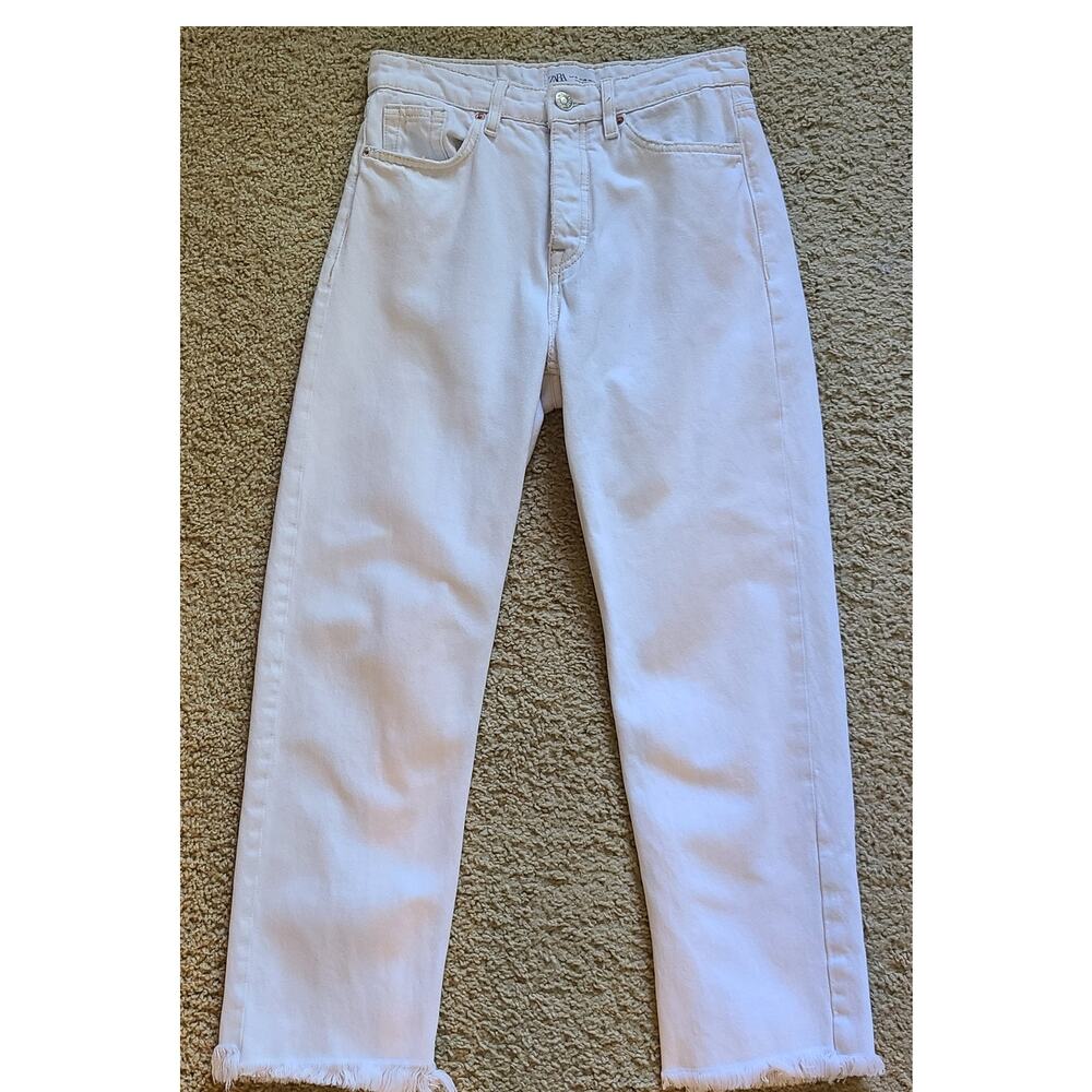 ZARA White High Rise Ankle Crop‎ Button Fly Raw Hem Straight Leg Jeans Women's 6
